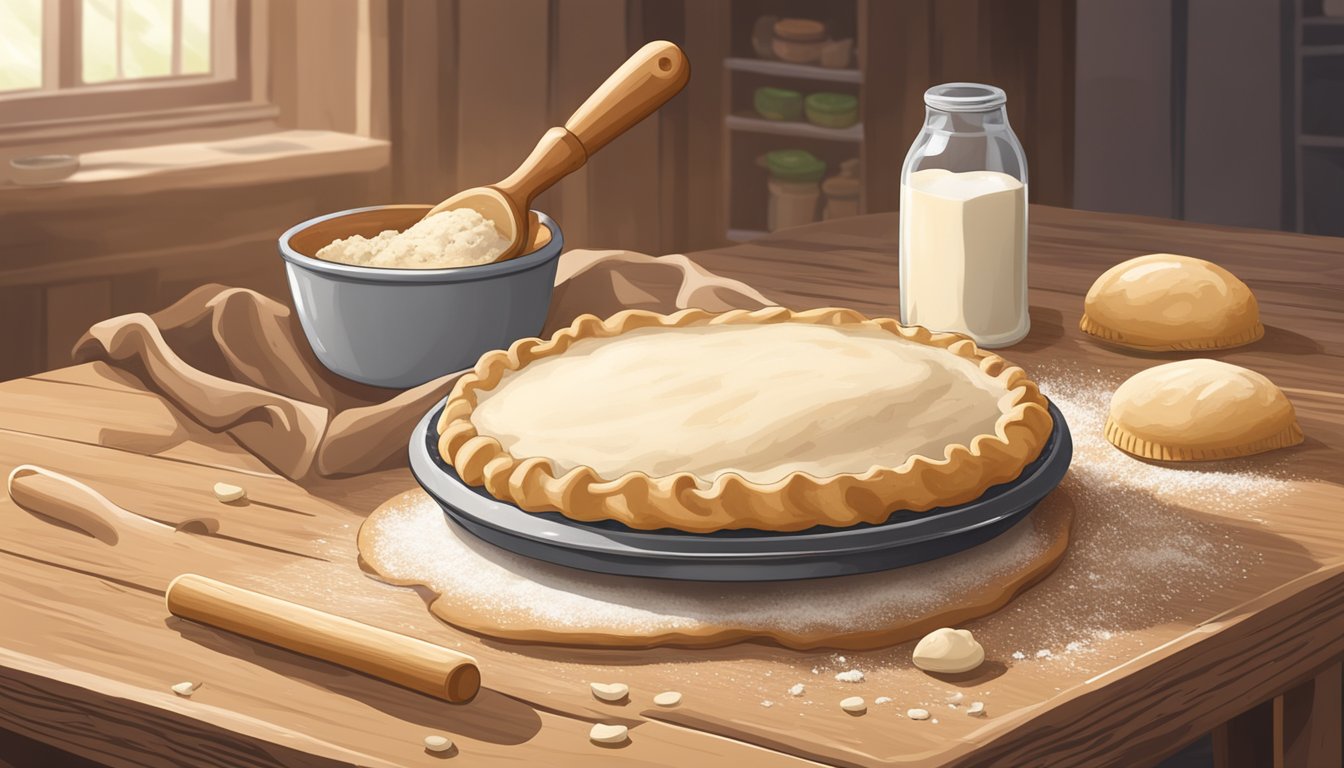 A freshly baked Wholly Wholesome Organic Pie Dough sits on a rustic wooden table, surrounded by scattered flour and a rolling pin