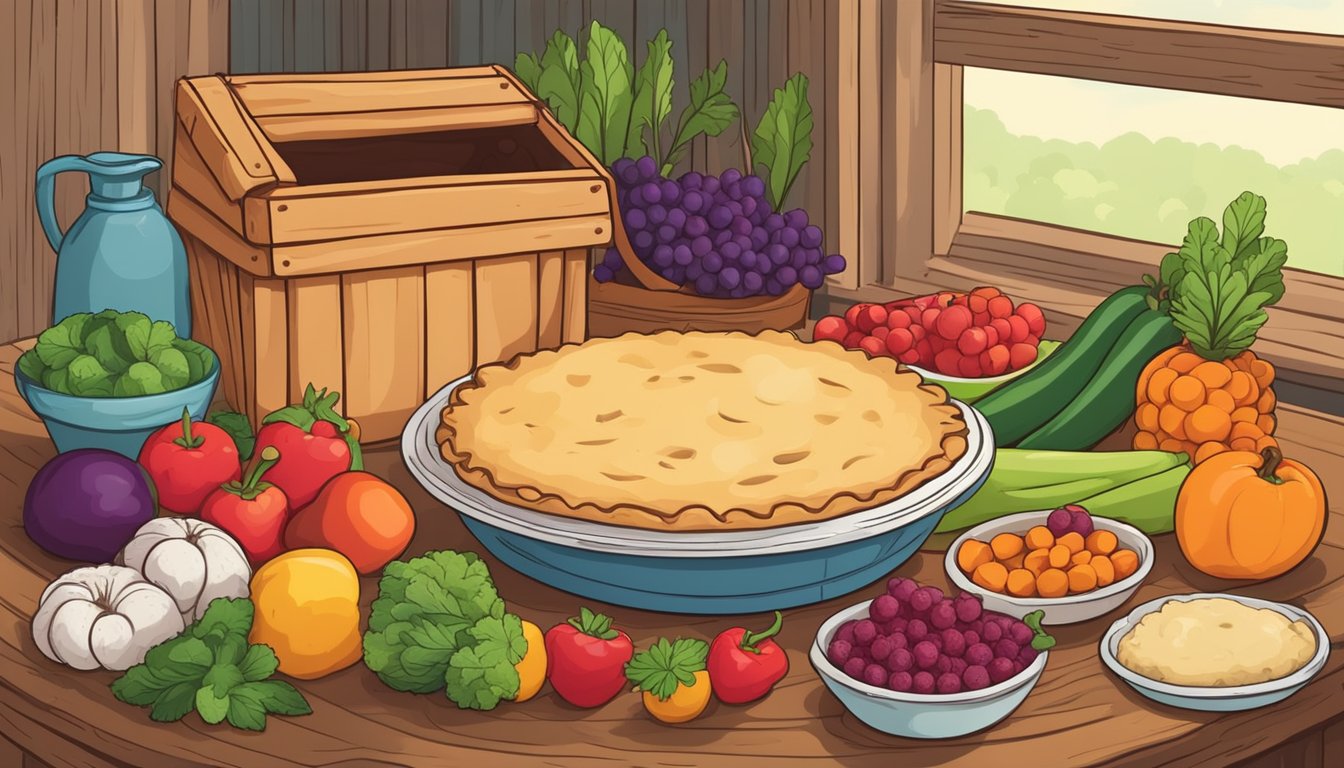 A freshly baked Wholly Wholesome Organic Pie Dough sits on a rustic wooden table surrounded by vibrant fruits and vegetables, with a compost bin in the background