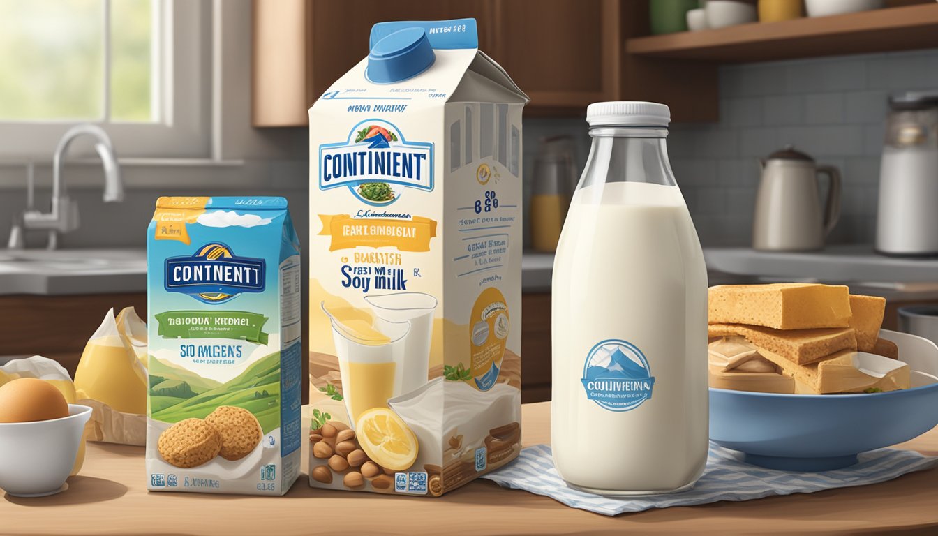 A carton of 8th Continent Soy Milk sits unopened on a kitchen counter, surrounded by various breakfast items