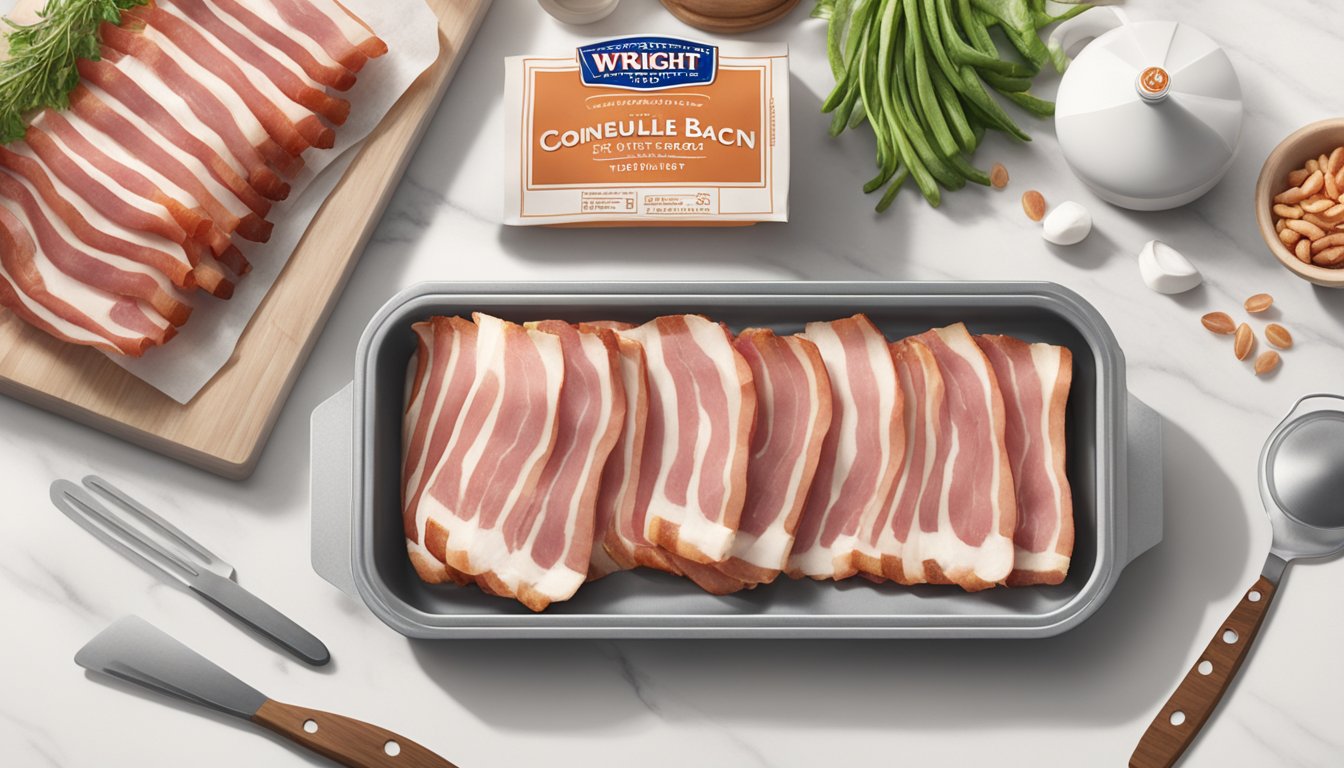 A package of Wright Brand Thick Sliced Bacon sits unopened on a clean, white kitchen counter, surrounded by fresh ingredients and cooking utensils