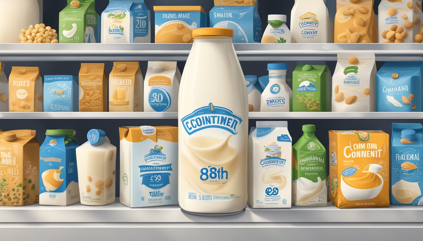 A carton of 8th Continent Soy Milk sits on a shelf in a refrigerator, surrounded by other food items. The expiration date is clearly visible on the packaging