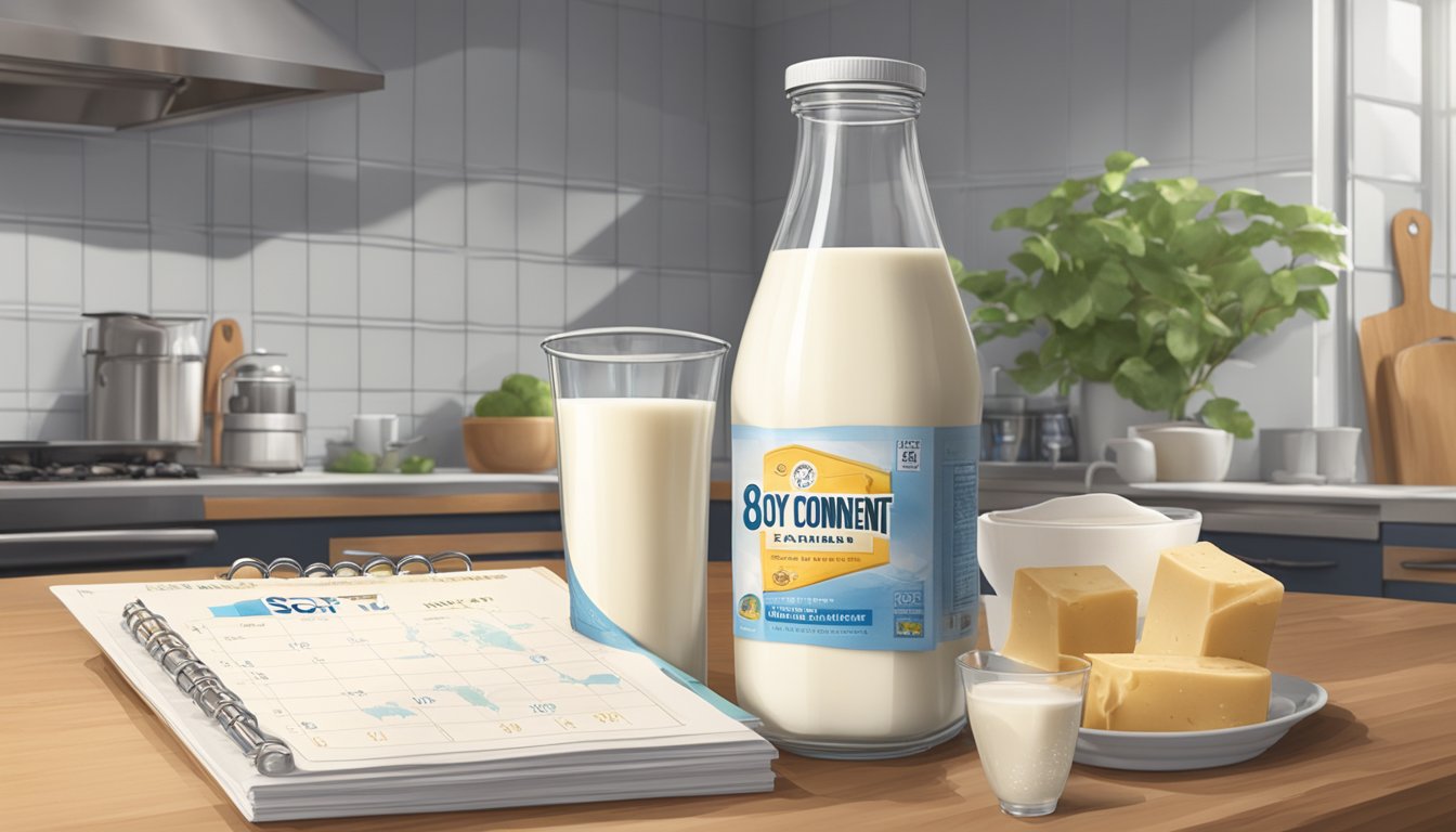 A carton of 8th Continent Soy Milk sits on a kitchen counter, surrounded by a calendar and a clock indicating the passage of time