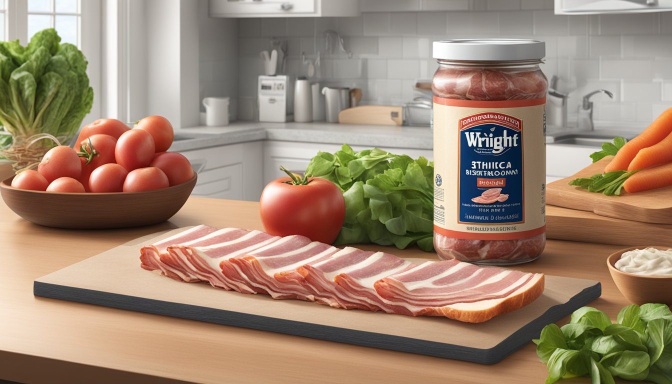 A package of Wright Brand Thick Sliced Bacon sits unopened on a kitchen counter, surrounded by fresh produce and a calendar showing the current date