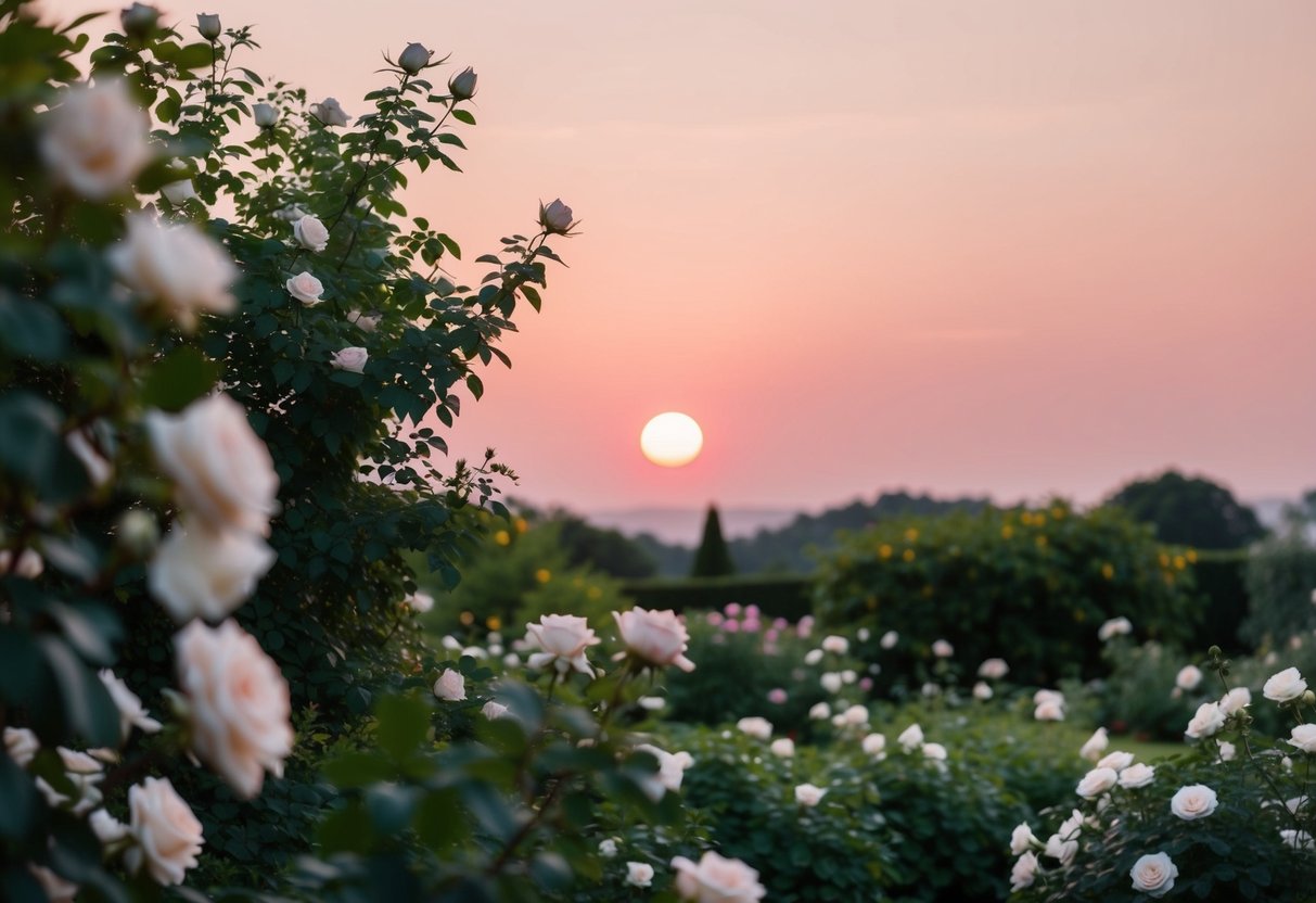 A soft, pale pink sunset casting a warm glow over a tranquil garden filled with blooming white roses and lush greenery