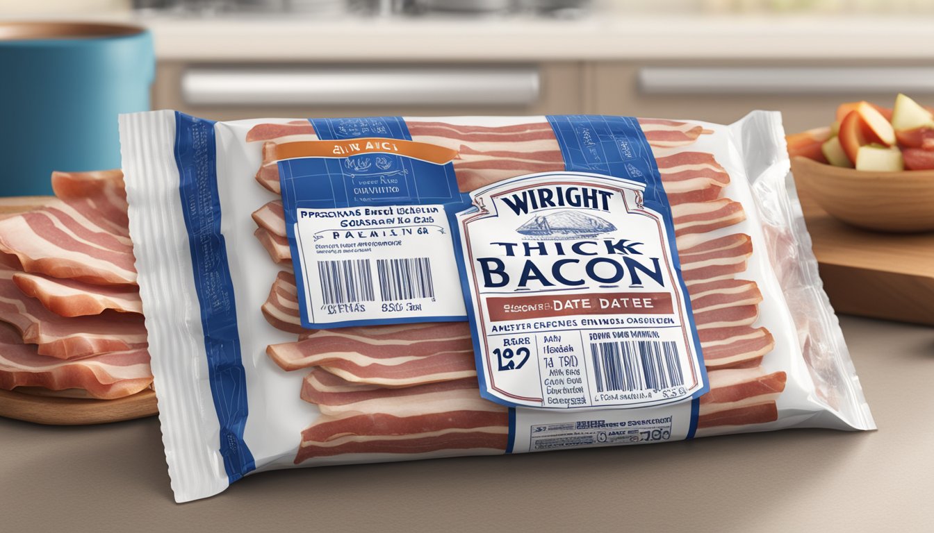 A package of Wright Brand Thick Sliced Bacon sits unopened on a clean kitchen counter, with a date label indicating its expiration date