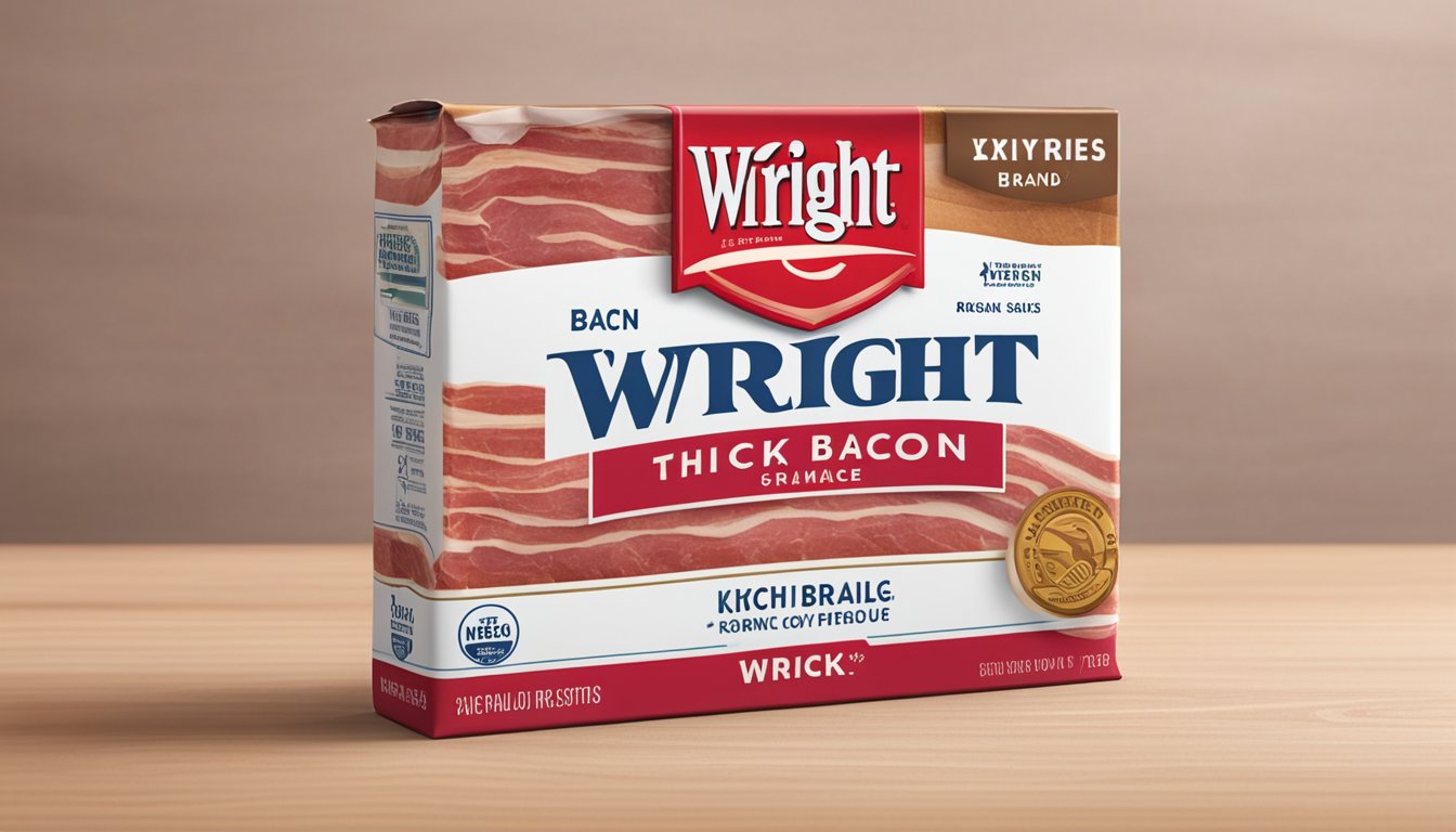 A package of Wright Brand Thick Sliced Bacon sits unopened on a clean, organized kitchen counter. The expiration date is clearly visible on the packaging