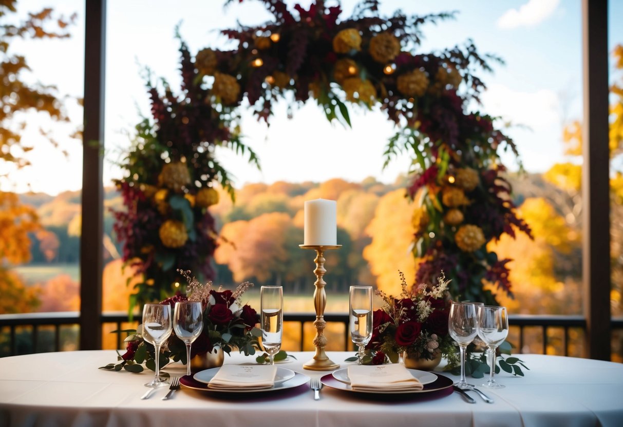A luxurious wedding scene with a palette of deep burgundy and gold accents, set against a backdrop of rich autumn foliage
