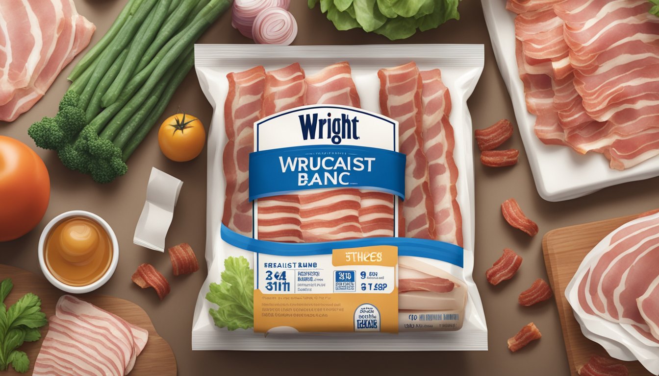 A package of Wright Brand Thick Sliced Bacon sits unopened on a kitchen counter, surrounded by other groceries