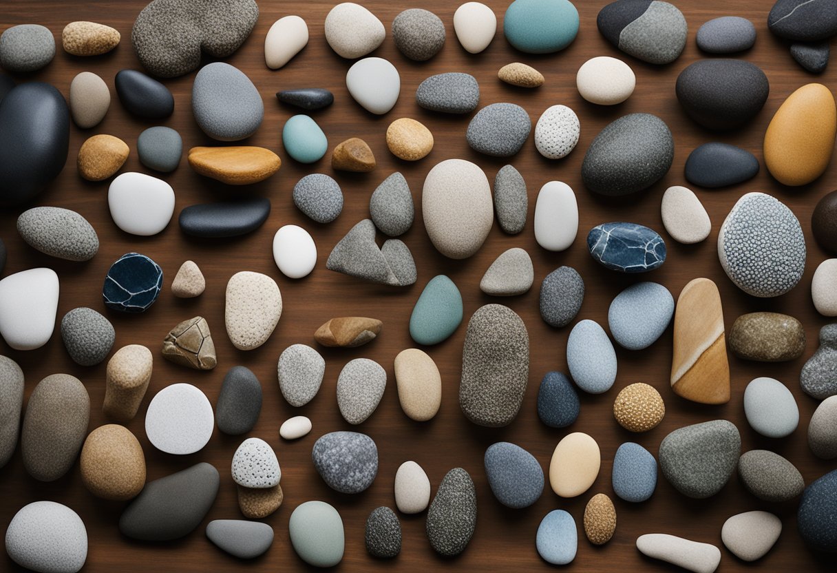 A collection of 15 unique DIY stone creations displayed on a wooden table, including painted rocks, pebble art, and stone sculptures