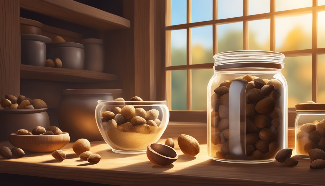 A jar of acorn flour sits on a shelf, surrounded by dried acorns and a rustic wooden mortar and pestle. Rays of sunlight filter through the window, casting a warm glow on the scene