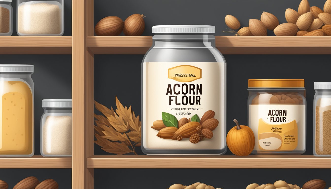 A sealed container of acorn flour on a pantry shelf, surrounded by other dry goods