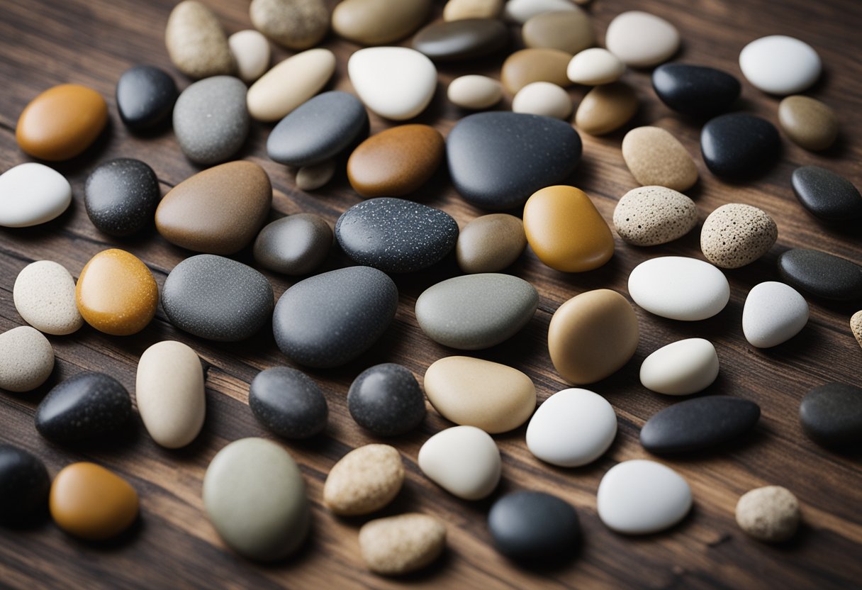 A collection of pebbles arranged on a wooden surface, each holding a small photo or note