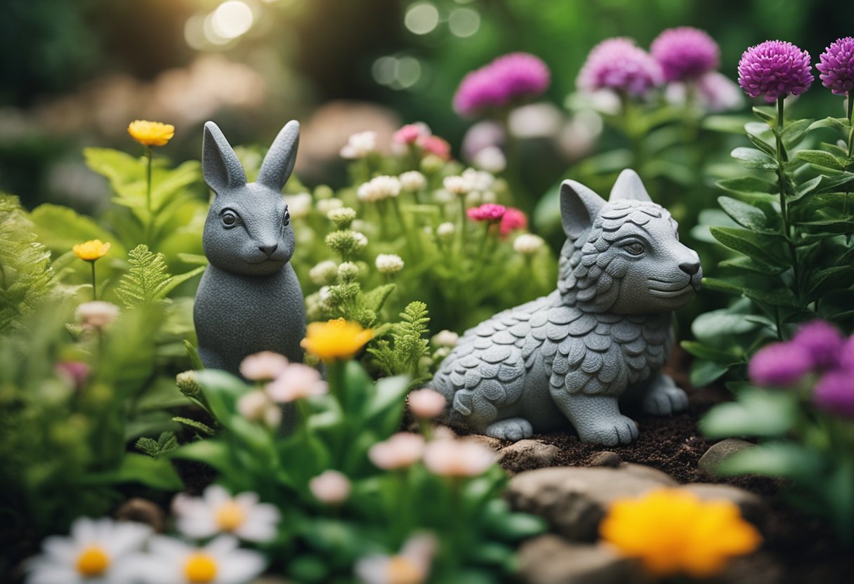 A serene garden with various stone animal figurines placed among plants and flowers