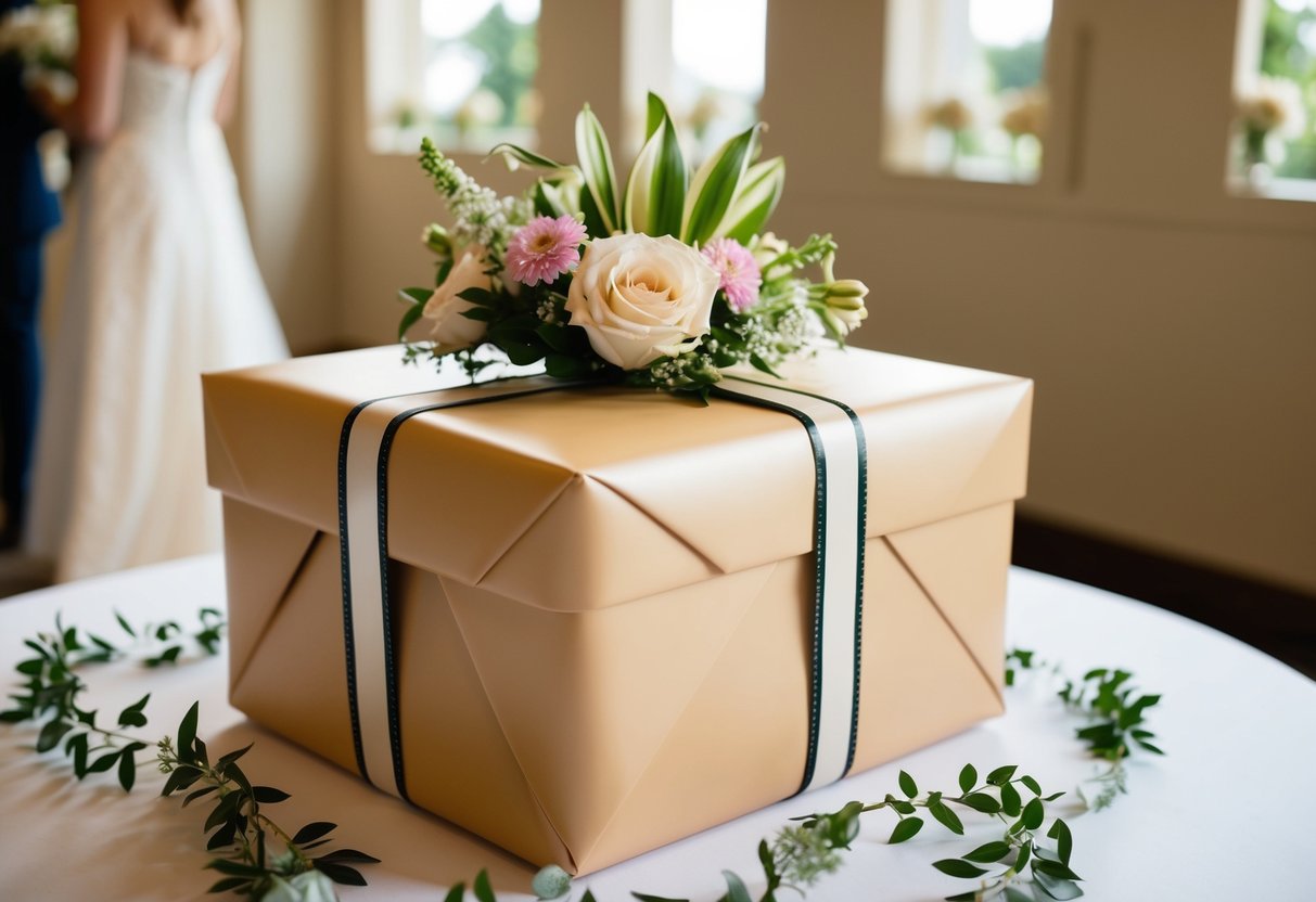 A beautifully wrapped gift sits on a table, adorned with ribbons and flowers, awaiting the bride's arrival