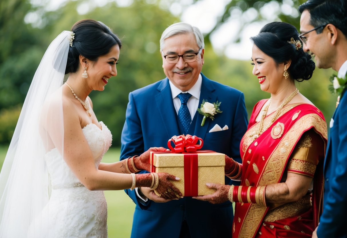 A bride receives a traditional gift from her parents, symbolizing their love and support for her new journey