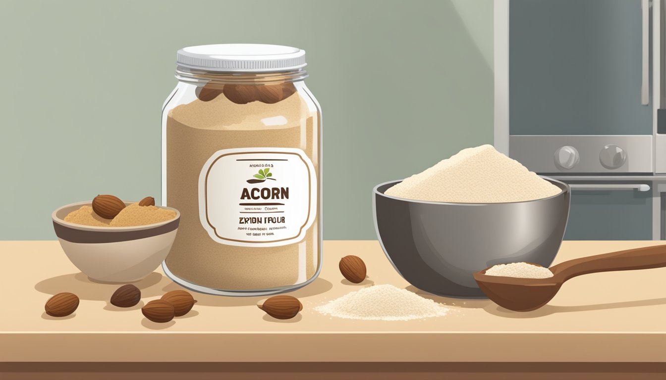 A jar of acorn flour sits on a kitchen counter next to a measuring spoon and a bowl of batter. The jar is labeled with the expiration date