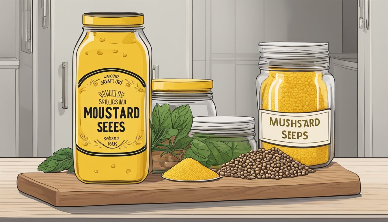 A jar of yellow mustard seeds sits on a pantry shelf, surrounded by other spices and condiments. The label indicates the expiration date is still months away