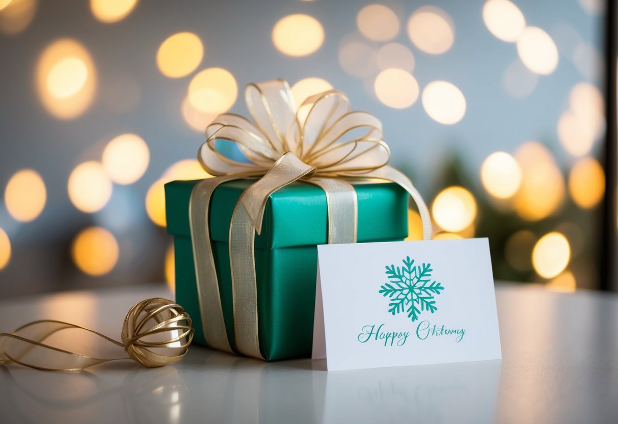 A beautifully wrapped gift box with a delicate ribbon and a personalized card sitting on a table