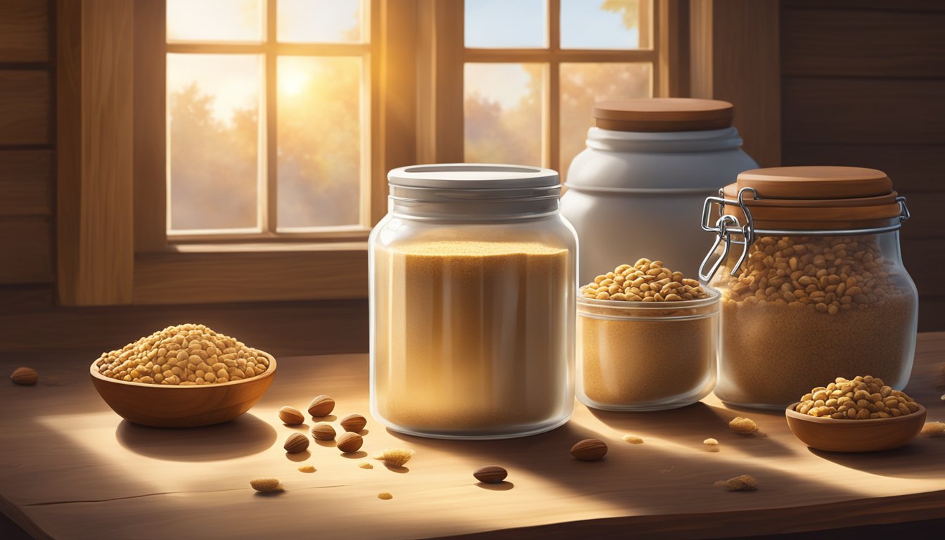 A jar of acorn flour sits on a rustic wooden table, surrounded by various other nut flours in different containers. The sunlight streams in through a nearby window, casting a warm glow over the scene