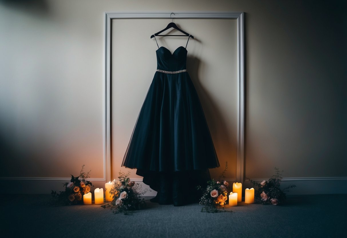 A lone black wedding dress hanging in a dimly lit room, surrounded by wilted flowers and flickering candles