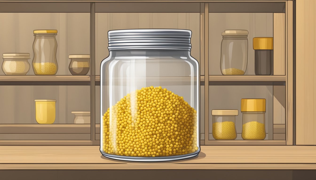 A glass jar filled with yellow mustard seeds, sealed tightly with a lid, sitting on a shelf in a cool, dry pantry