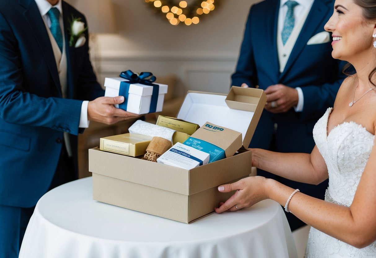 Parents of the bride present a wrapped gift box to the bride, containing practical and financial items. The bride looks on with gratitude
