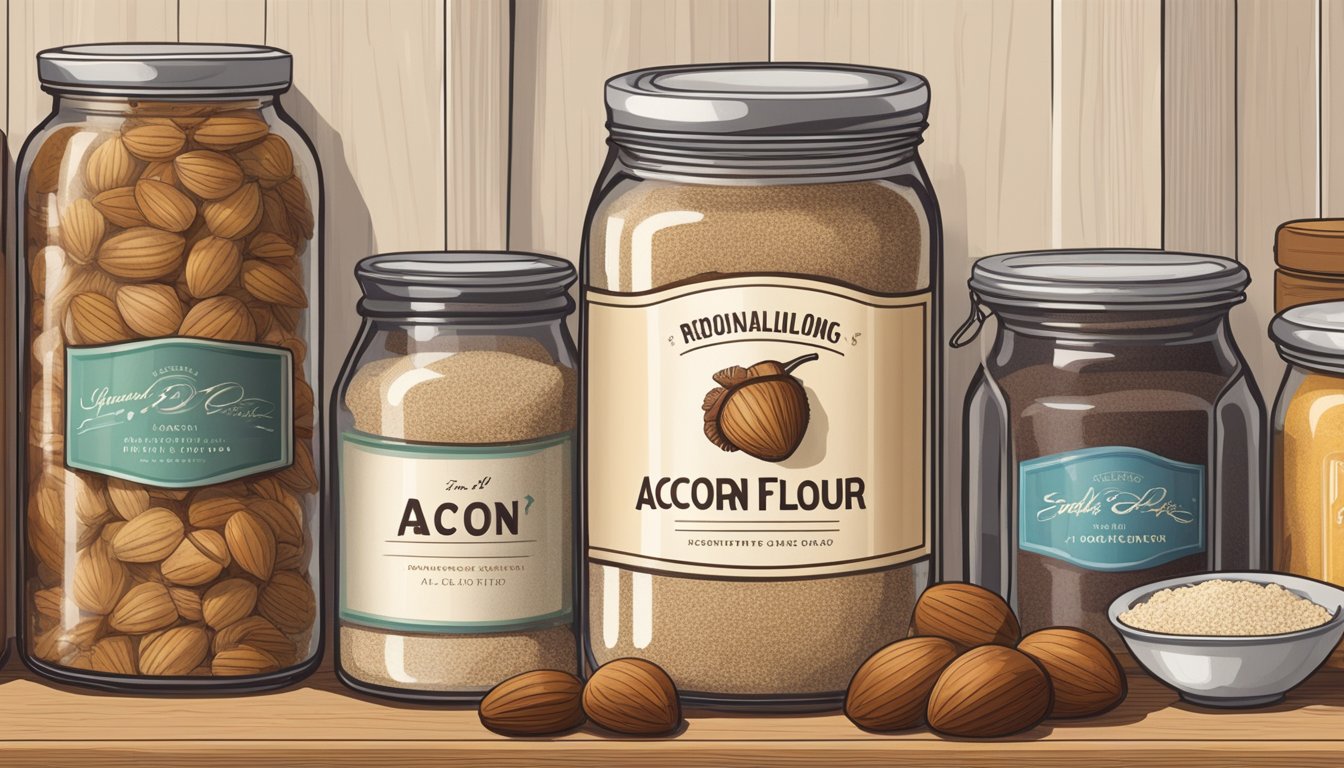 A sealed jar of acorn flour sits on a pantry shelf, surrounded by other dry goods. The label on the jar indicates the date it was sealed