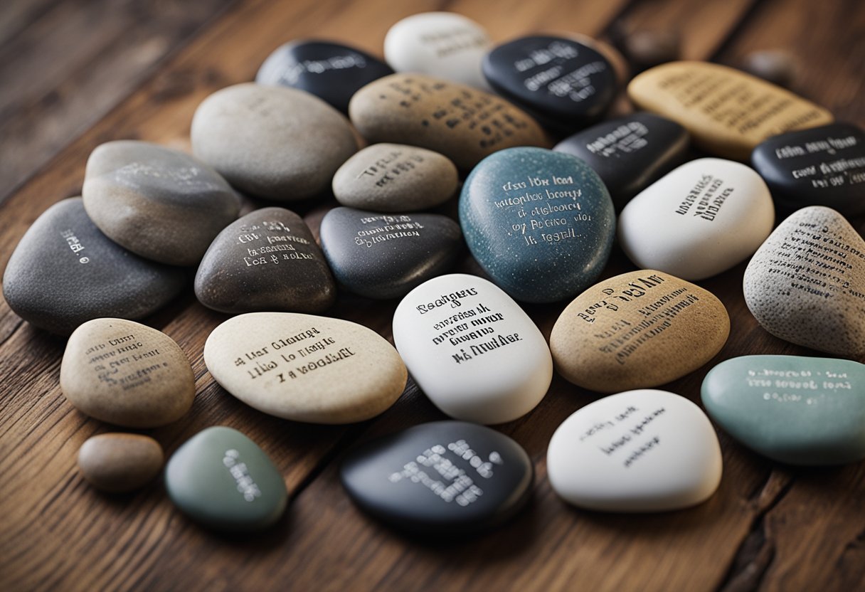 A collection of smooth rocks, each adorned with a different inspirational quote, arranged on a wooden table