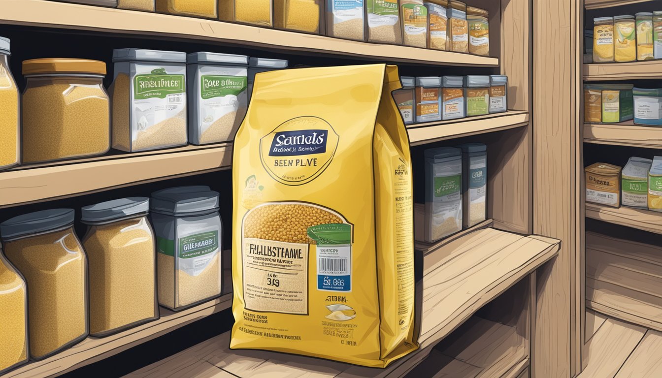 A sealed yellow cornmeal package sits on a pantry shelf with a best-by date clearly displayed