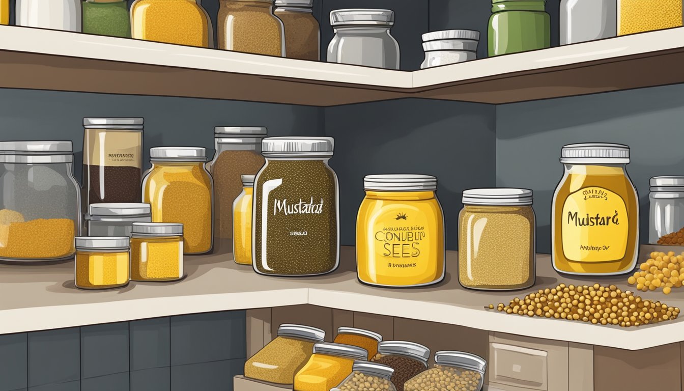 A jar of yellow mustard seeds sits on a kitchen shelf, surrounded by other spices and condiments. The label on the jar indicates the expiration date