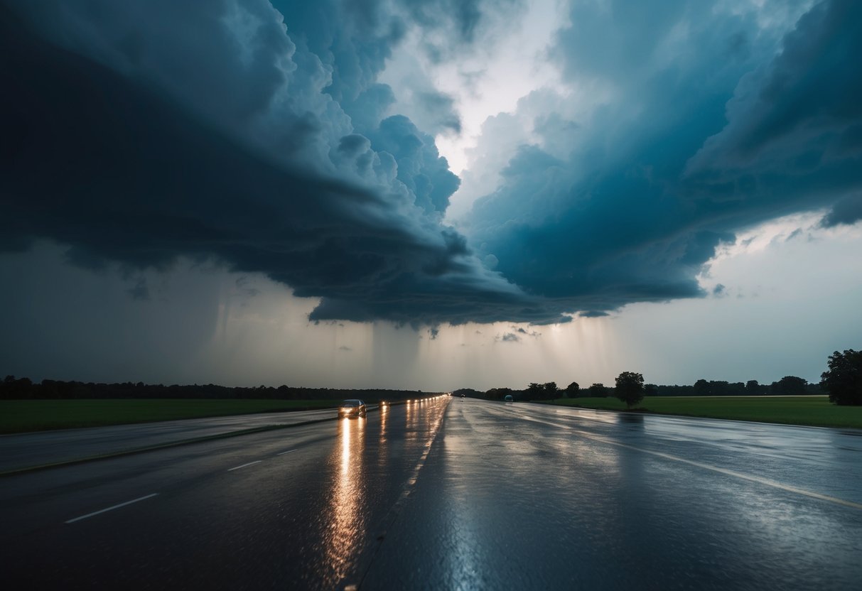 A stormy day with dark clouds and heavy rain