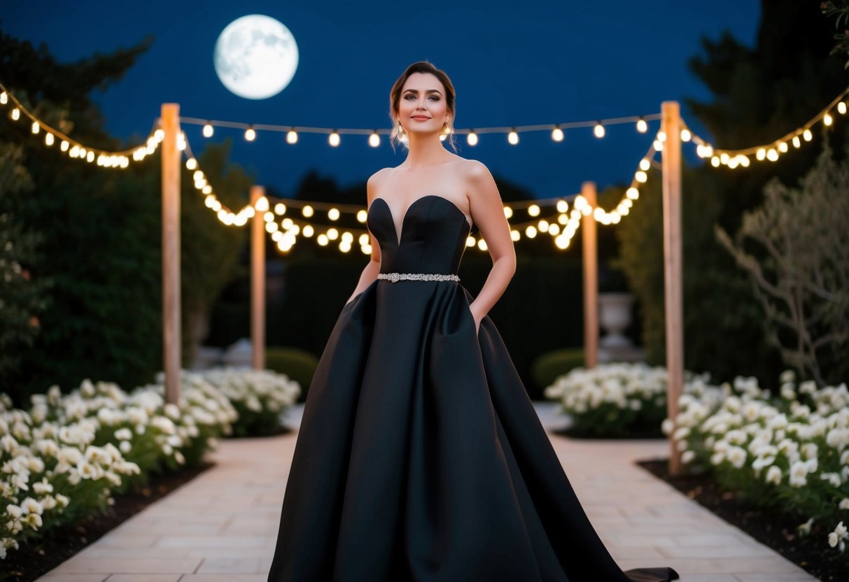 A bride in a black gown stands in a moonlit garden, surrounded by white flowers and twinkling lights. She exudes confidence and elegance