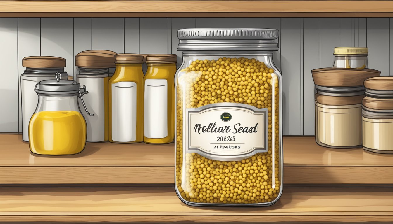 A jar of yellow mustard seeds sits on a kitchen shelf, with a label indicating the expiration date