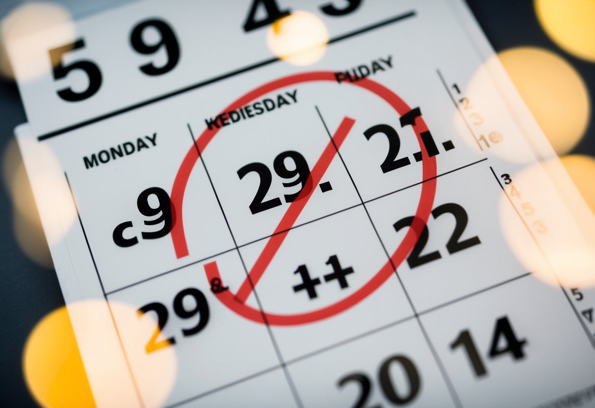 A calendar with a red circle around a specific date, surrounded by crossed out wedding-related symbols