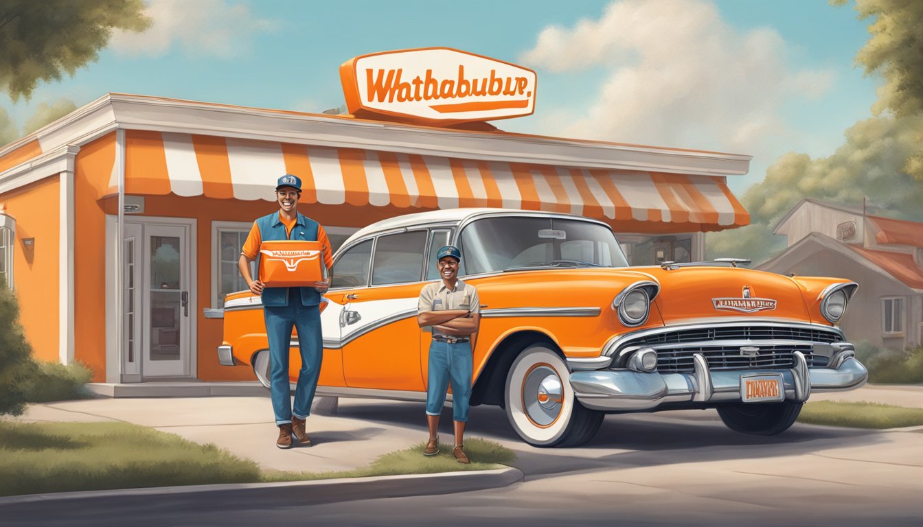 A delivery driver holding a Whataburger bag, standing in front of a vintage Whataburger restaurant, with a classic car parked nearby