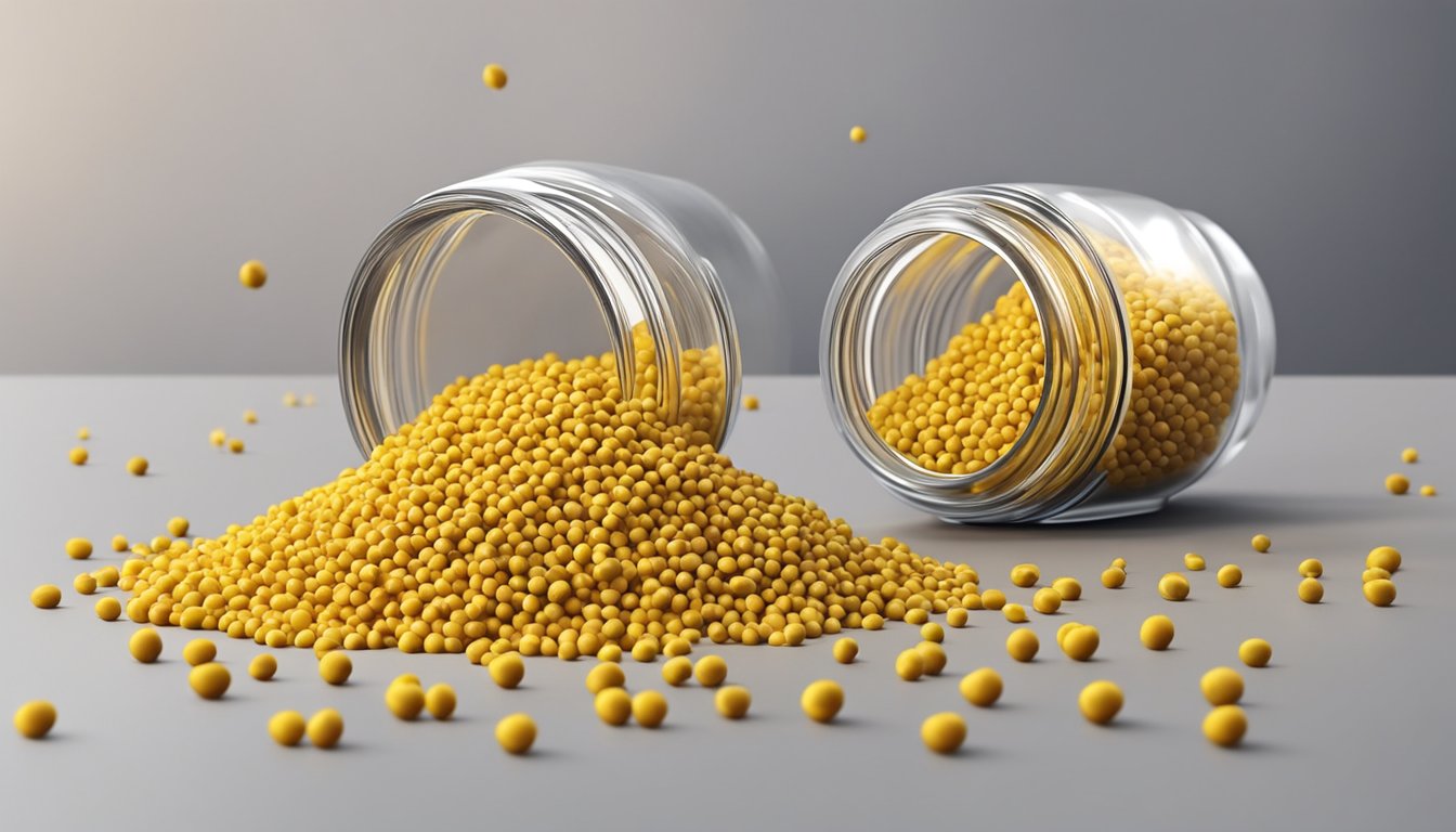 A small pile of yellow mustard seeds sits in a glass jar on a kitchen countertop. The seeds are dry and golden in color, with a few scattered on the surface