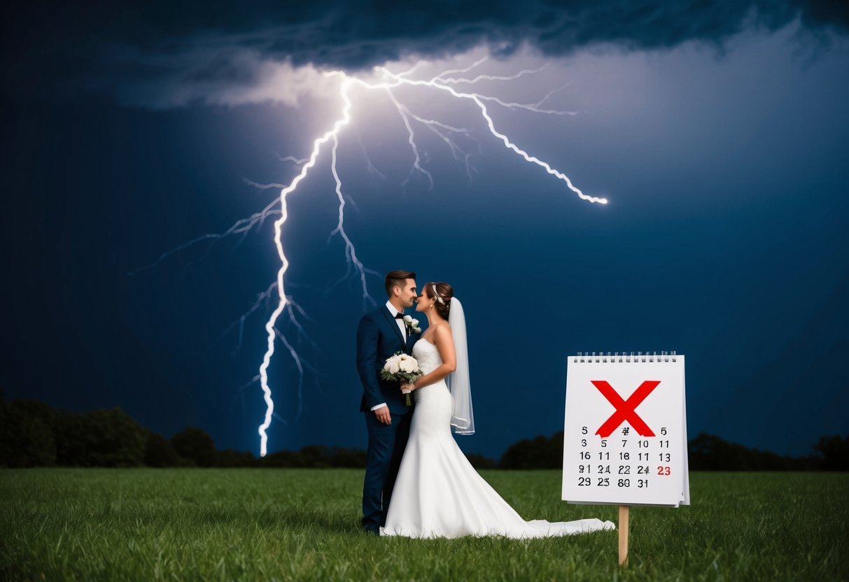 A bride and groom stand under a dark, stormy sky with lightning striking in the background, while a calendar shows a red X over the date