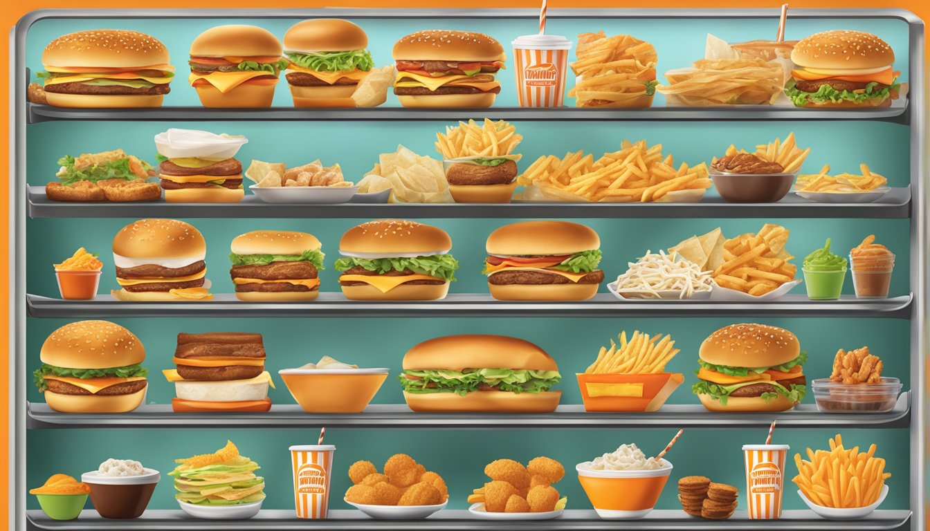 A colorful menu board displaying various food items and prices at a Whataburger restaurant