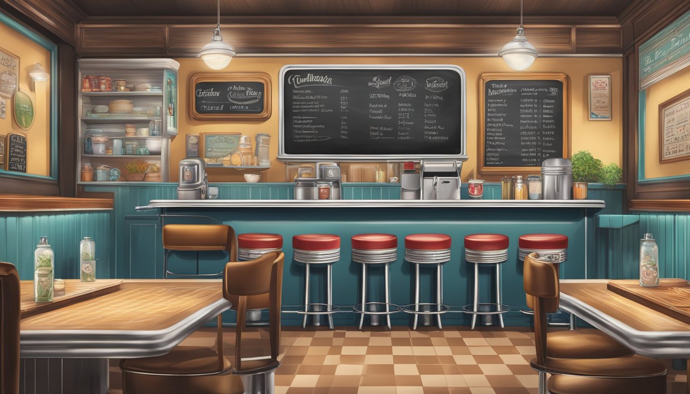 A vintage diner counter with a chalkboard menu, surrounded by retro decor and historical memorabilia