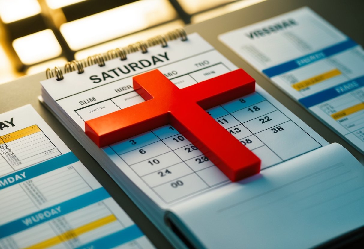 A calendar with a red X over a Saturday, surrounded by busy weekday schedules