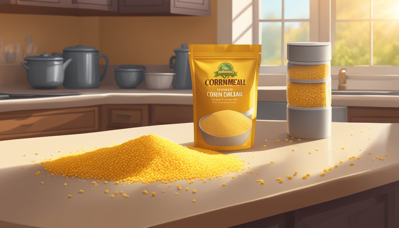 A bag of yellow cornmeal sits on a kitchen counter next to a sealed container of corn kernels. The sun streams in through a nearby window, casting a warm glow on the ingredients