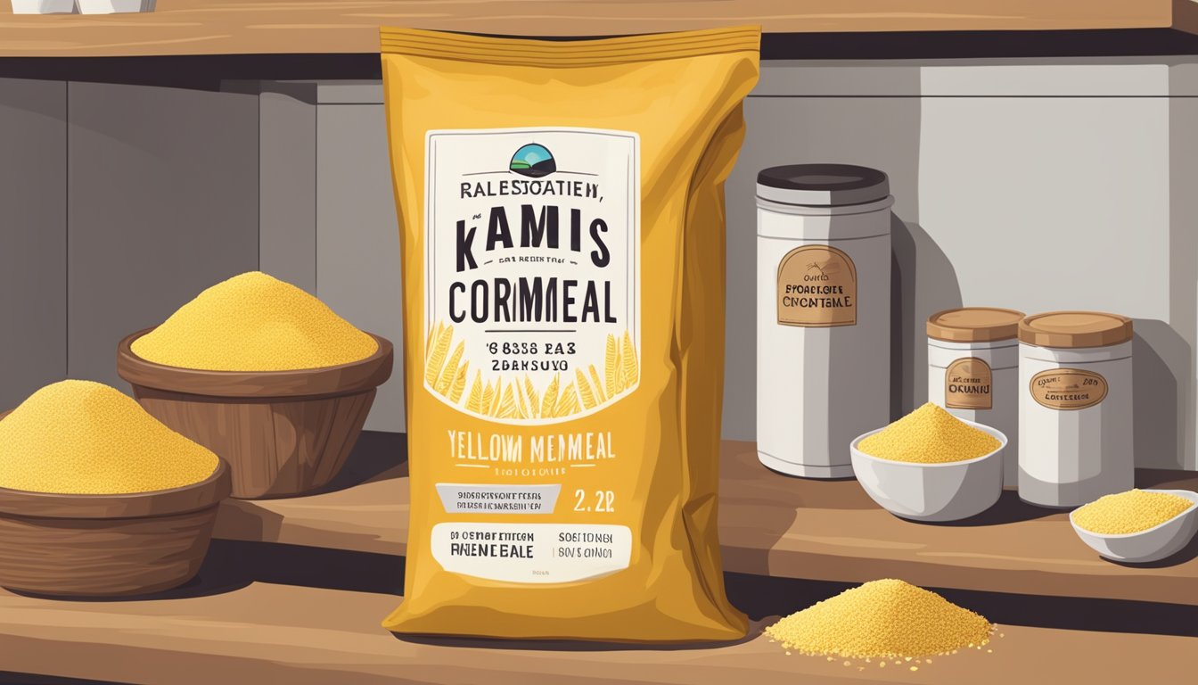 A bag of yellow cornmeal sits on a pantry shelf, next to other dry goods. The label indicates the expiration date is still several months away