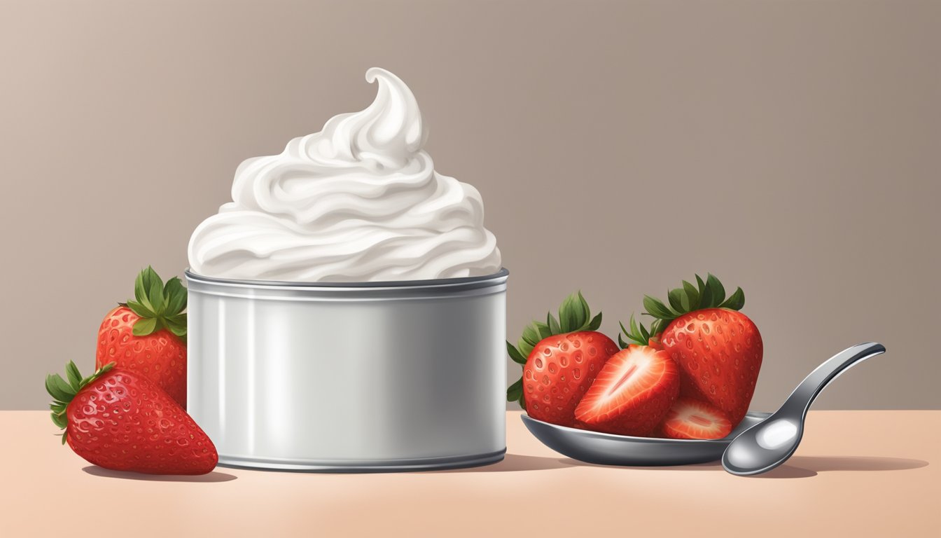 A can of aerosol whipped cream sits on a kitchen counter, surrounded by fresh strawberries and a dollop of cream on a spoon