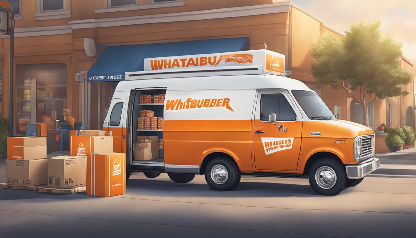 A Whataburger delivery van parked outside a Whatastore, with brand merchandise being unloaded