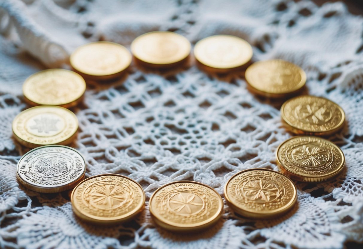 Thirteen coins arranged in a circle on a white lace cloth. Each coin is engraved with intricate patterns and symbols, reflecting the cultural significance of the wedding tradition