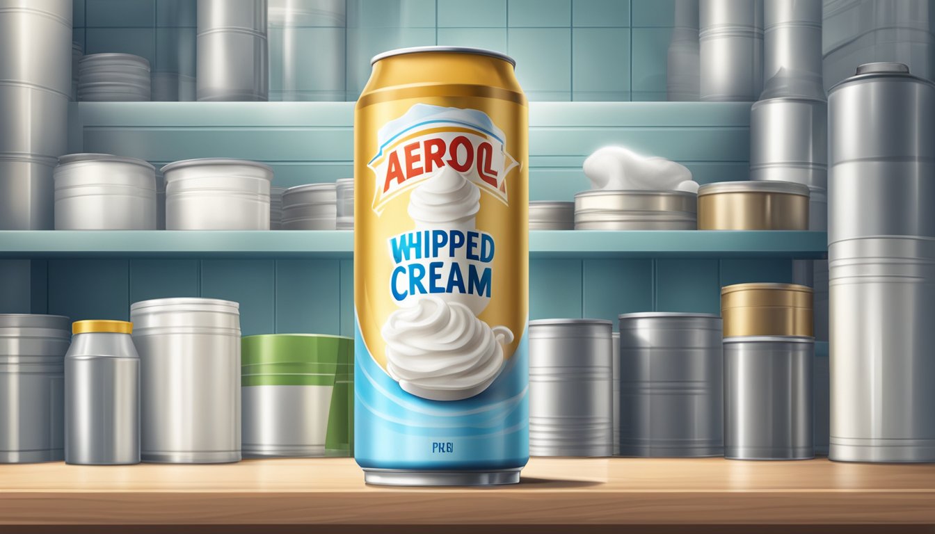 A can of aerosol whipped cream sits upright in a cool, dry pantry, away from direct sunlight and heat sources