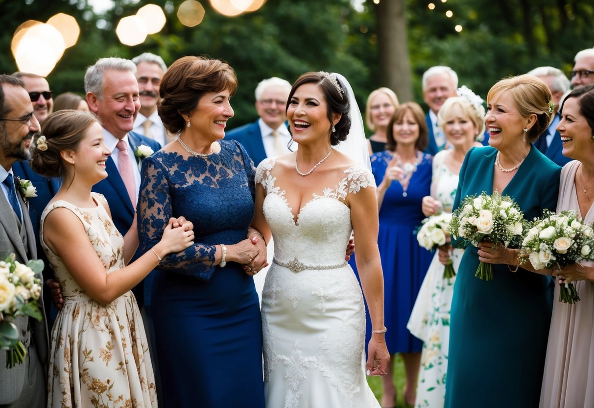A woman in an elegant dress stands beside her daughter, the bride, surrounded by family and friends at a joyful wedding celebration
