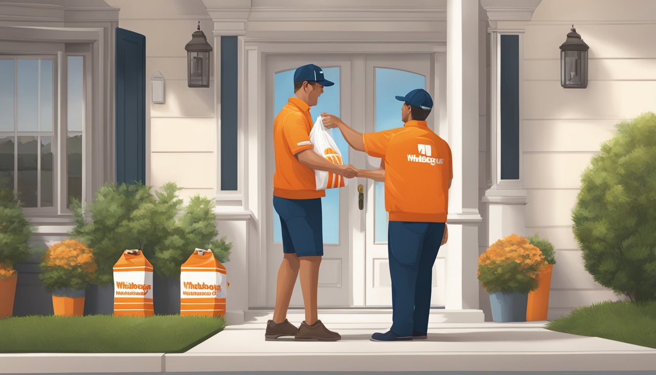 A delivery driver handing a Whataburger bag to a customer at their front door