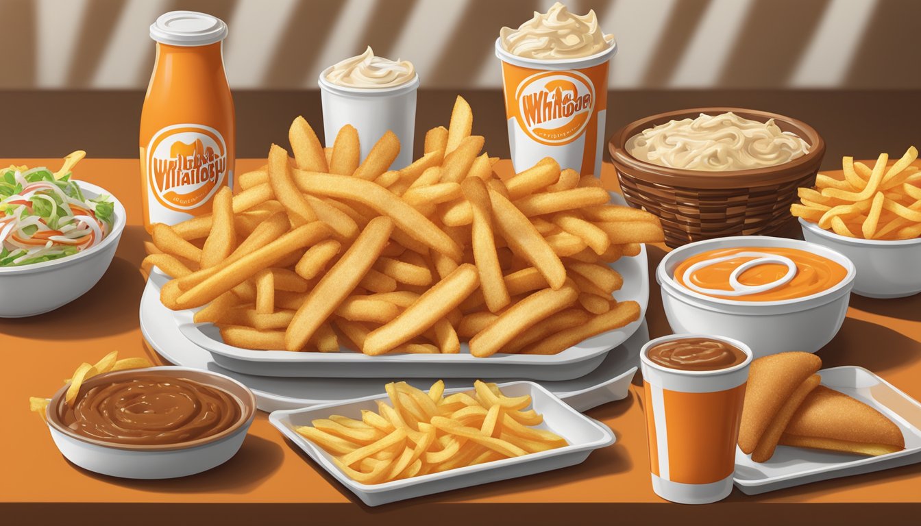 A table with a tray of Whataburger sides and add-ons, including fries, onion rings, and dipping sauces