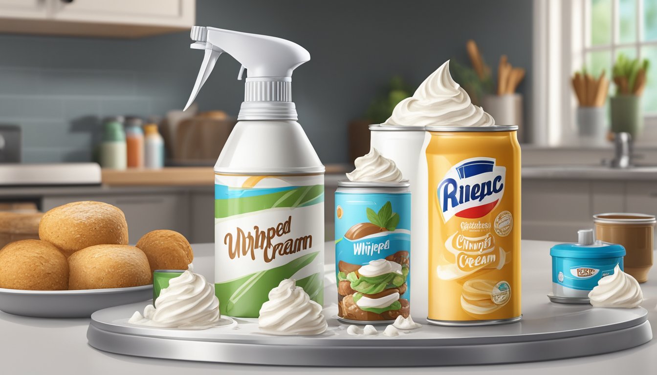 An aerosol can of whipped cream sits on a kitchen counter, surrounded by various food items. The can is dented and the nozzle is clogged with dried cream